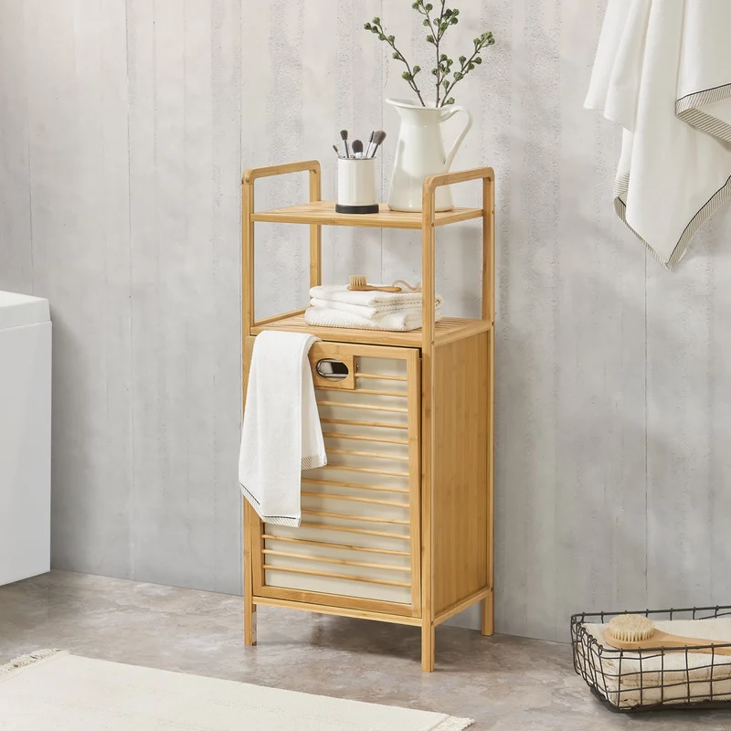 Badrumshylla Rendalen med tvättkorg 40x30x95 cm bambu [en.casa]