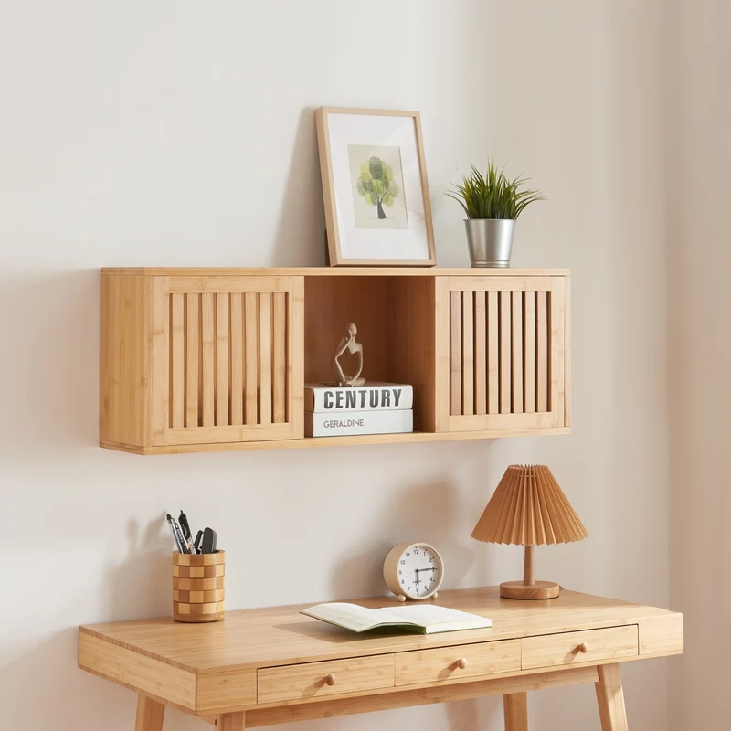 Grums vägghylla med två skjutdörrar 925x20x33cm bambu [en.casa]