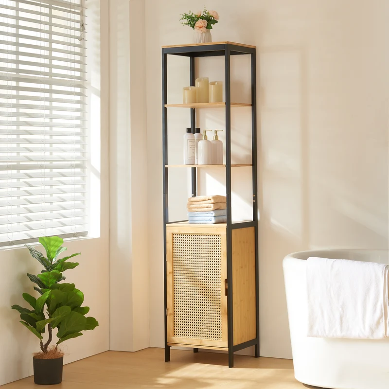 Högskåp Tervola 172x40x35cm Bambus Svart [en.casa]