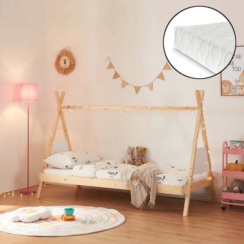 Tipi-säng Siikajoki med madrass 90x200cm furu natur [en.casa]