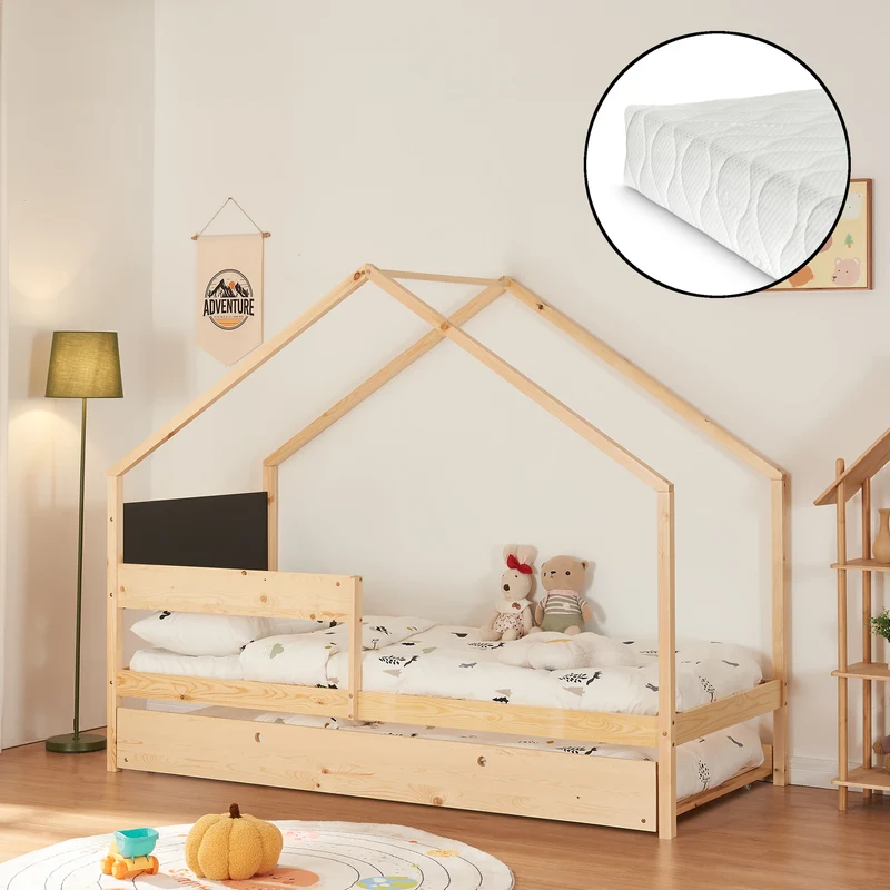 Hus-säng Sodankylä med utdragbar säng med 2 madrasser 90x200cm [en.casa]