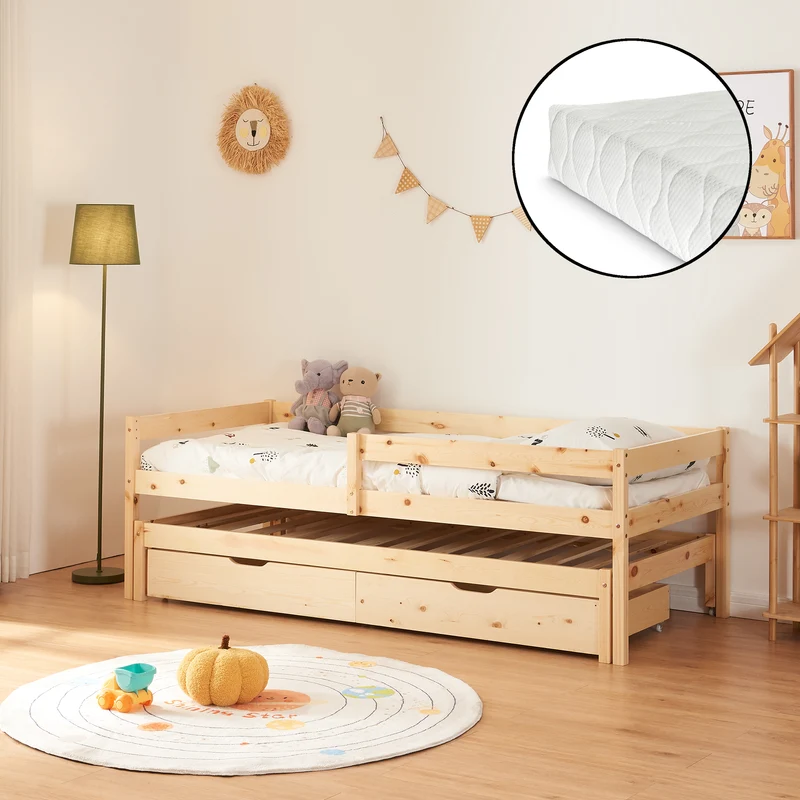 Dubbel barnsäng Sonkajärvi med madrass 90x200cm Natur [en.casa]