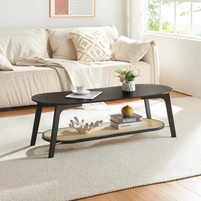Soffbord Taivalkoski 120x43x40 cm Svart/Rattanutseende [en.casa]