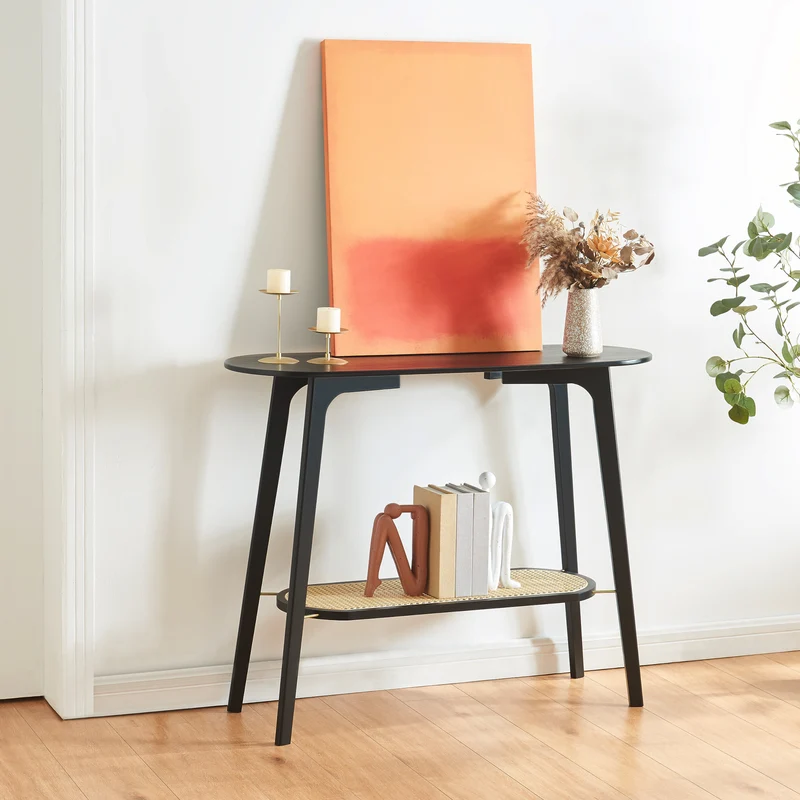 Konsolbord Taivalkoski 100x35x80 cm Svart/Rattanutseende [en.casa]