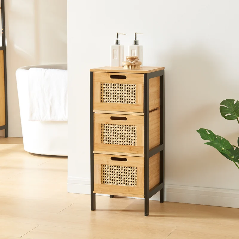 Badrumsbyrå Tervola med 3 lådor Svart/Bambu [en.casa]