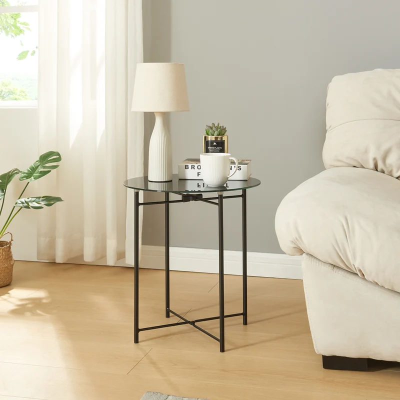 Sidobord Ödeshög med glasskiva 45xØ42cm Svart [en.casa]