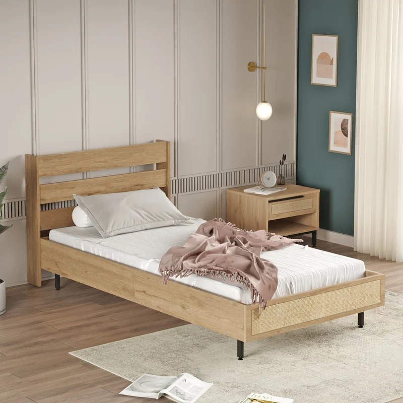 Enkeltsäng Kvænangen 100x200 cm Ek-/Rattan-look [en.casa]