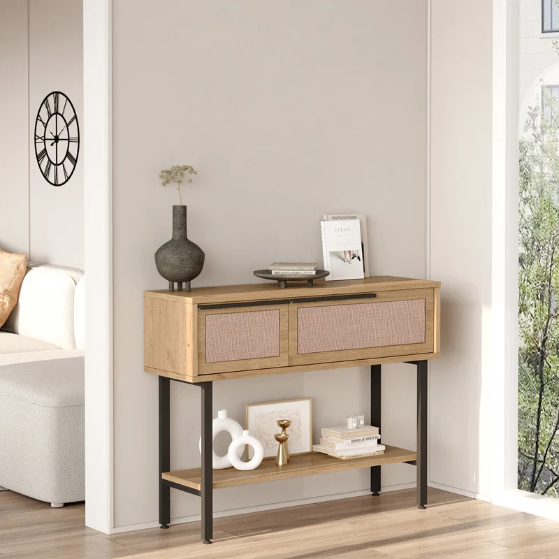 Konsolbord Kvænangen 100x30x76 cm Ek/Rattanutseende [en.casa]