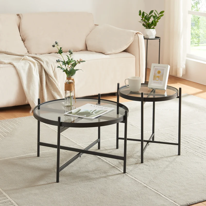 Soffbordset Lier 2-del. Glasplatta Svart [en.casa]