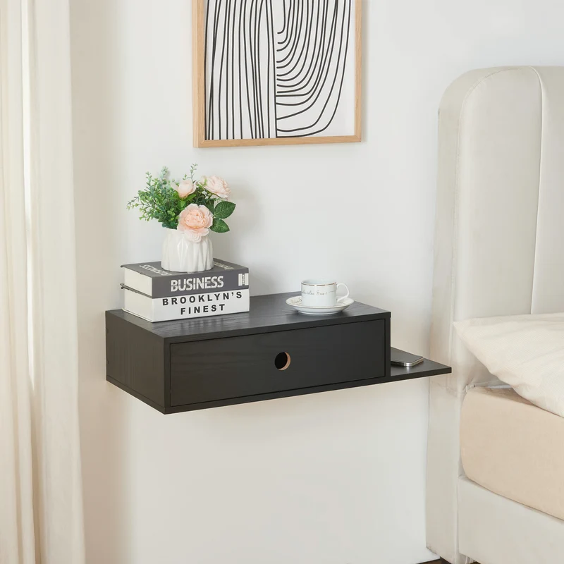 Vägghylla Stor med låda 65x30x15 cm svart [en.casa]
