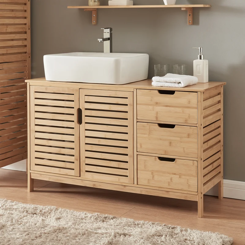Tvättställsskåp Boksereys 60x100x35 cm Bambus Natur [en.casa]