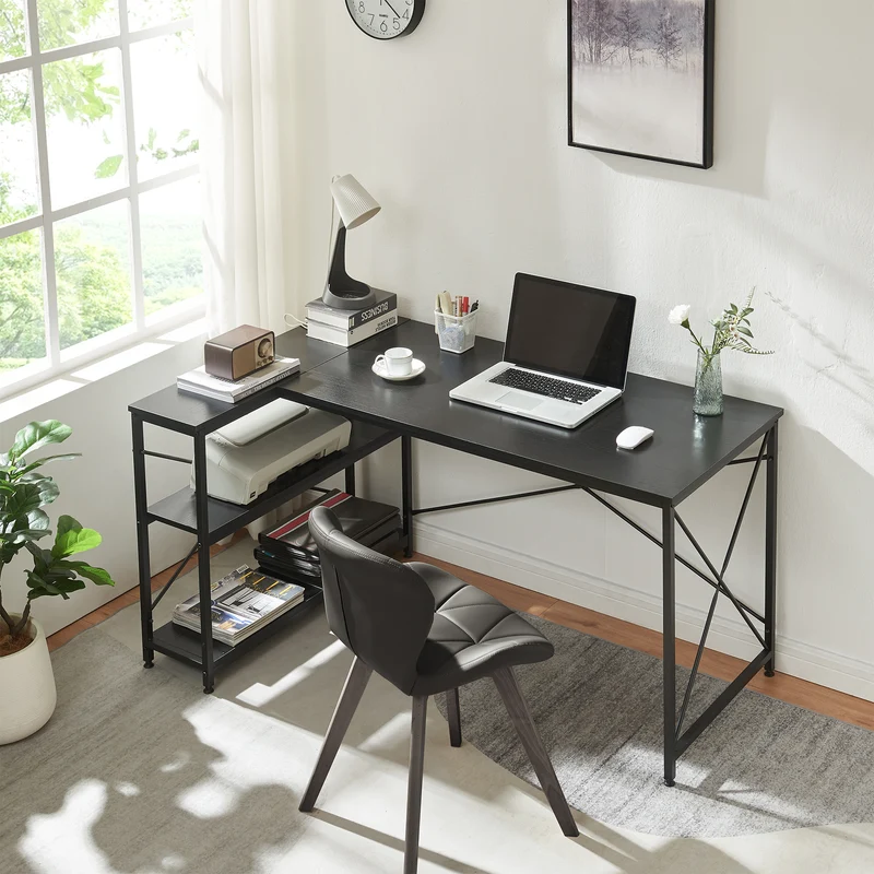 Skrivbord Raundsvalt med 1 hylla L-formad 137x88x75 cm Svart [en.casa]