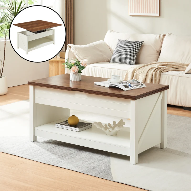 Soffbord Kasama med lyftskiva och förvaringsutrymme 110x55x54 cm valnötslook/vitt [en.casa]