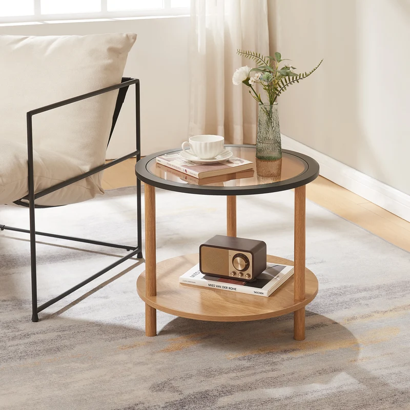 Sidobord Latama med glasskiva Ø51x45 cm Natur/Svart/Bronsglas [en.casa]