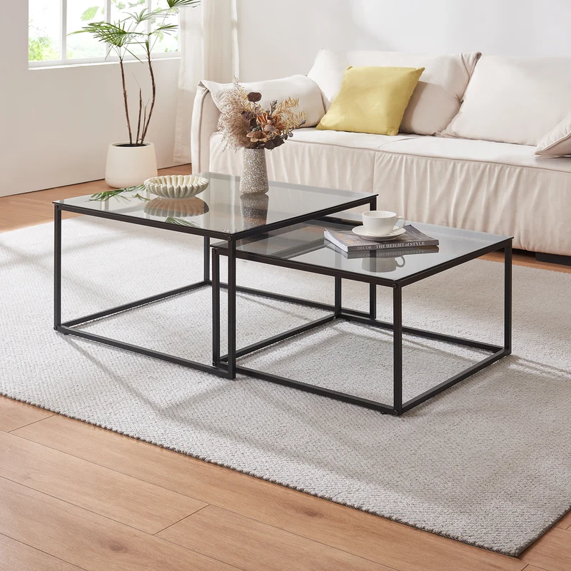 Soffbord 2-delat set Tromlaslo rökt glas, grått [en.casa]