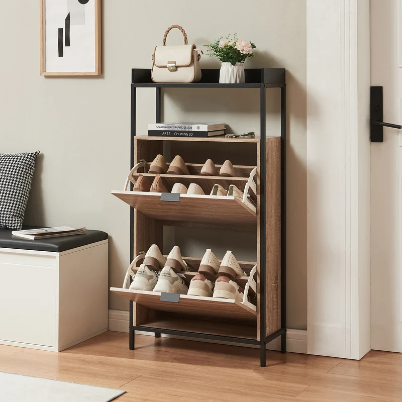 Skobänk Belana med 2 luckor 116x60x24 cm Svart/Eklook [en.casa]