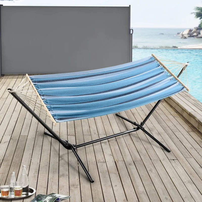 Hängmatta med stativ 300x120x105cm stål bomull polyester max.120kg svart [en.casa] välj modell
