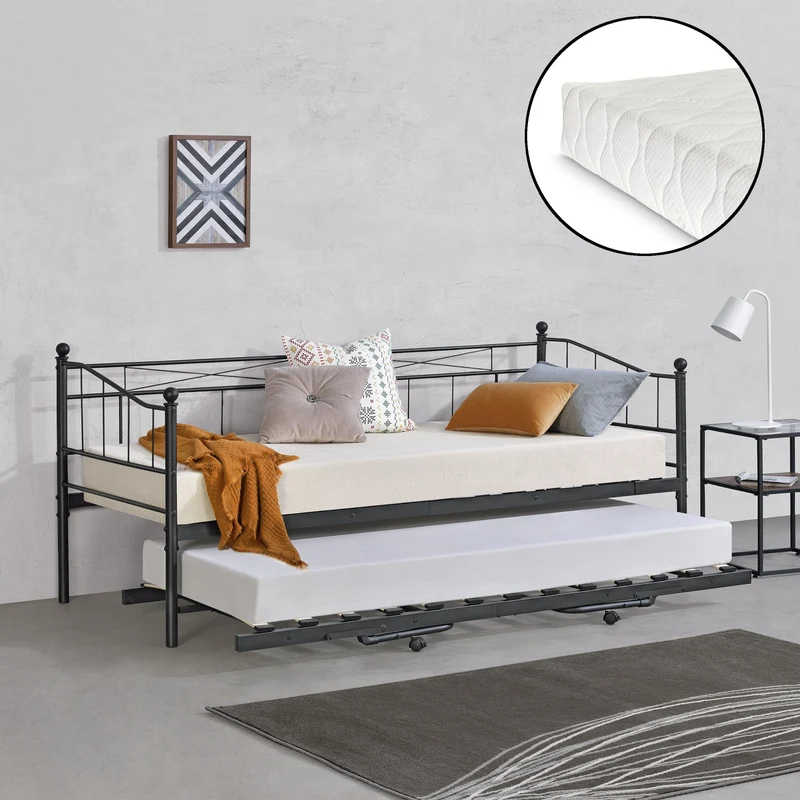Säng Skutskär inkl. madrasser med utdragbar undersäng metall 200x90 [en.casa] välj modell