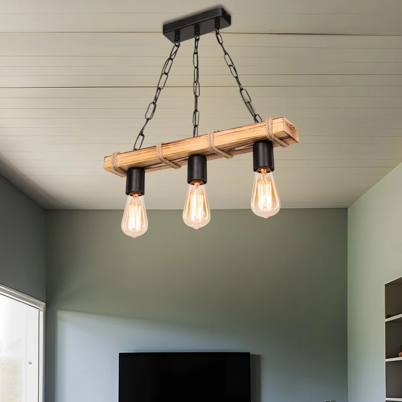 Pendellampa Hemel E27 metall massivt trä juterep svart / trälook / jutefärger i olika storlekar [lux.pro]
