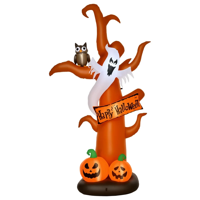 Nafukovací halloweenský strom s duchem, dýní a LED diodami, 2,7 m