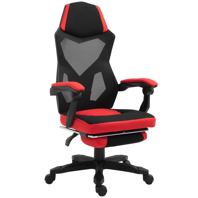 Herní židle – ergonomická kancelářská židle s podnožkou, černá a červená