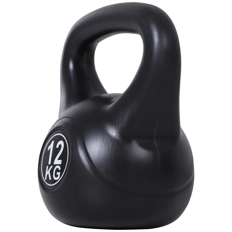 Kettlebell naplněný 12 kg písku, černý, plastový, vhodný pro začátečníky