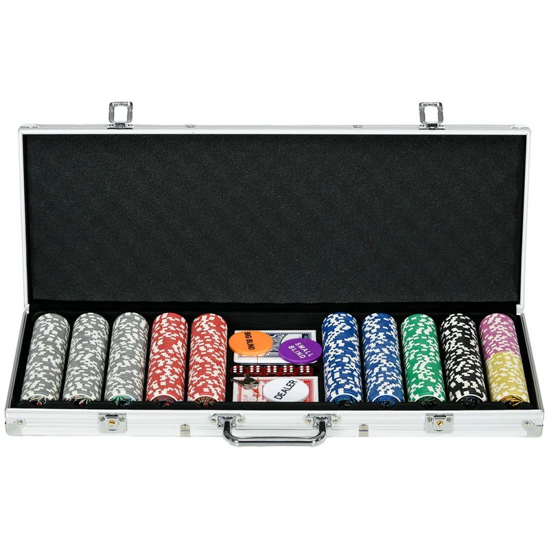 Profesionální pokerová sada – 500 žetonů, uzamykatelný kufřík, 2 balíčky karet, 5 kostek