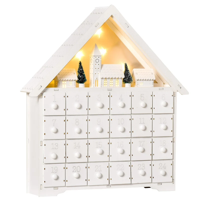 Adventní kalendář s LED osvětlením, 24 plnitelných přihrádek, bílý