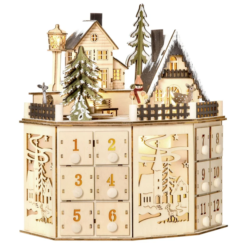 Dřevěný adventní kalendář ve tvaru vláčku s 24 LED dárkovými balíčky