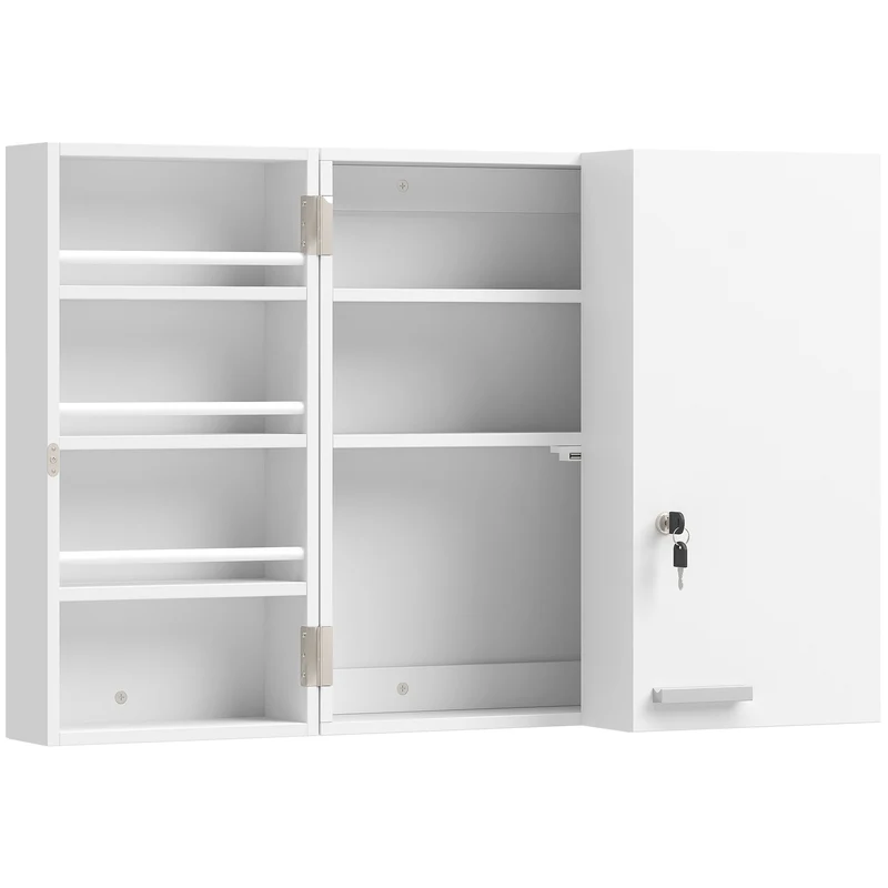 Uzamykatelná nástěnná lékárnička, 11 přihrádek, bílá