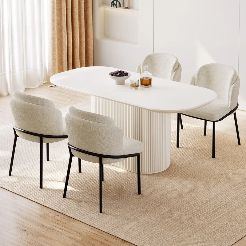 Guyii 63"-87" Cream White Oval Dining Table Set, Modern Kitchen Table with 4-8 Chairs