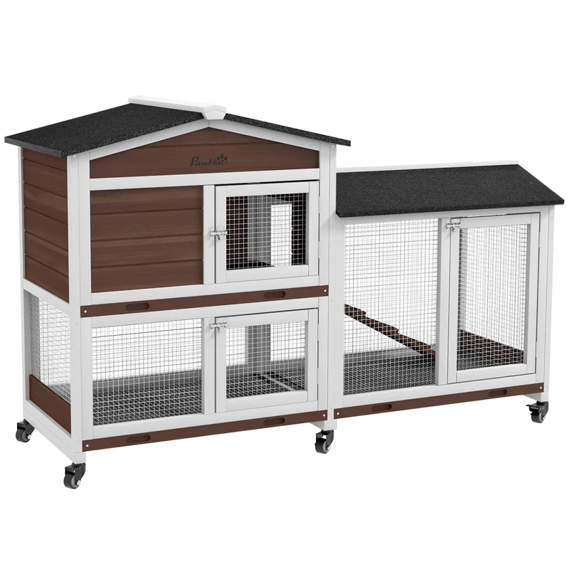 Venkovní králíkárna s kolečky, dřevo a ocel, hnědá
