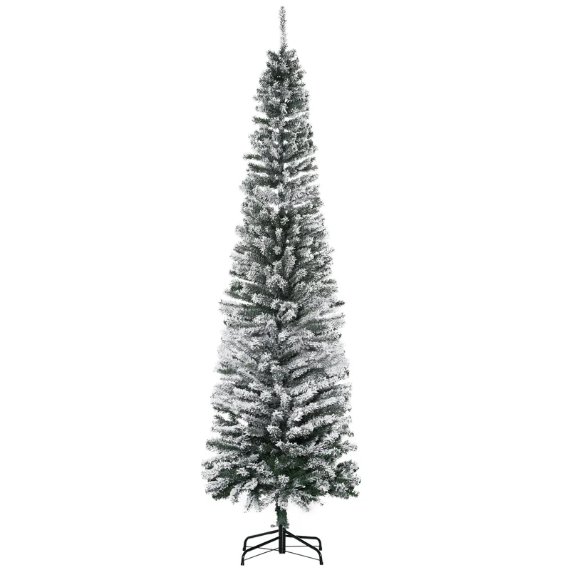 Úzký umělý vánoční stromek se zasněženým povrchem, 225 cm