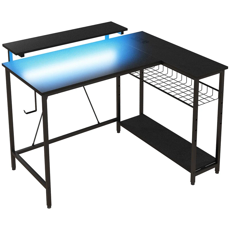 Stůl ve tvaru L s LED osvětlením, zásuvkami, USB, oboustranný, černý