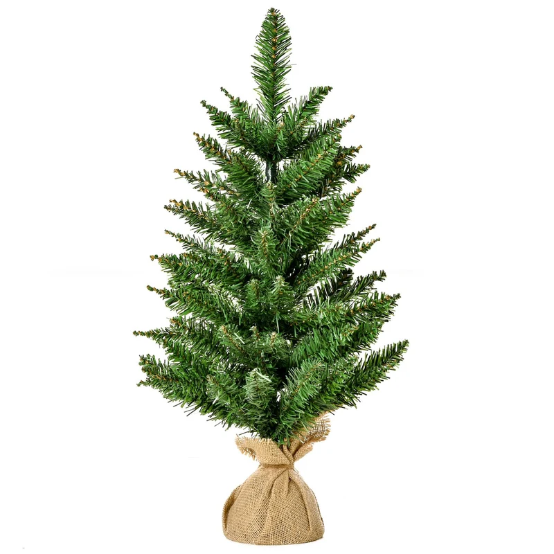 Malý 60 cm umělý stolní vánoční stromek, lněný podstavec