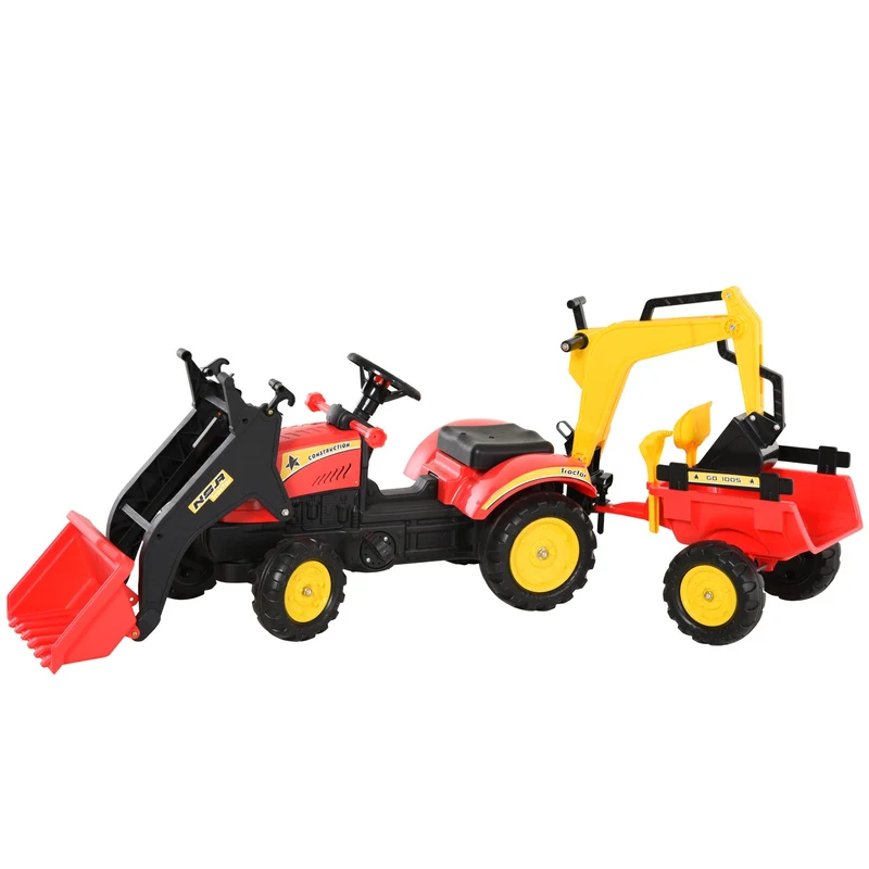 Šlapací traktor pro děti s přívěsem a čelním nakladačem, červený