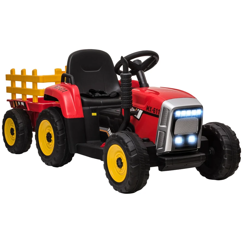 Červené elektrické autíčko-traktor pro děti s přívěsem a dálkovým ovládáním
