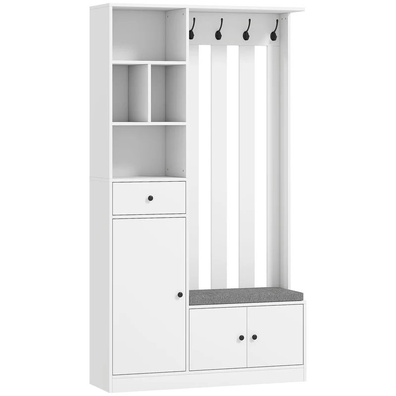 Šatní skříň s tyčí na oblečení, lavicí na boty, háčky, MDF, bílá
