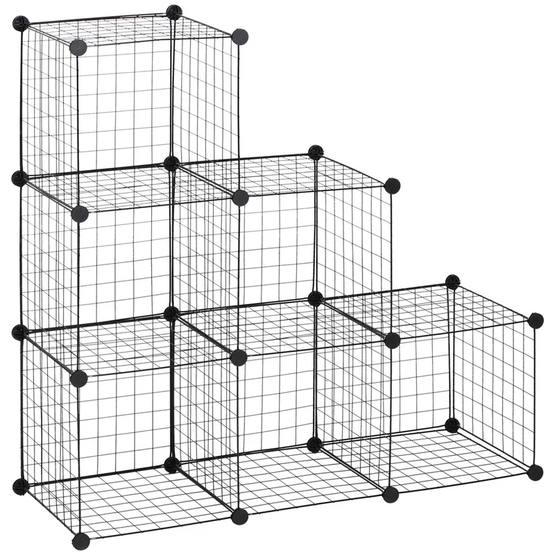 Modulární drátěná úložná police – 6 kostek, černá, 109 x 37 x 109 cm