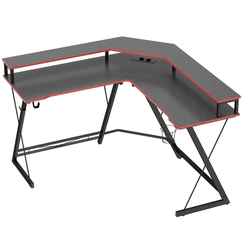Počítačový stůl ve tvaru L, 128 cm, se zásuvkami AC/USB a stojanem na monitor