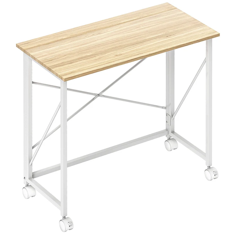 Skládací stůl s kolečky, úsporný design, ocel a MDF, přírodní barva