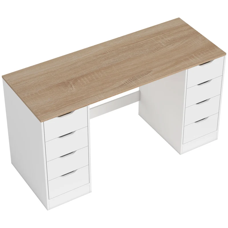 Počítačový stůl 140 cm, 8 zásuvek, ocel a dřevo, bílý