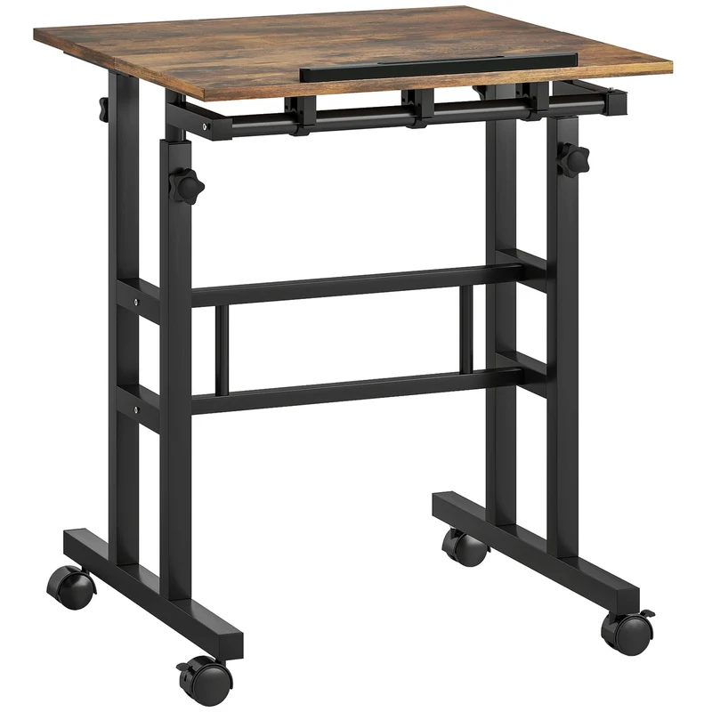 Výškově nastavitelný psací stůl s policí a kolečky, rustikální hnědý