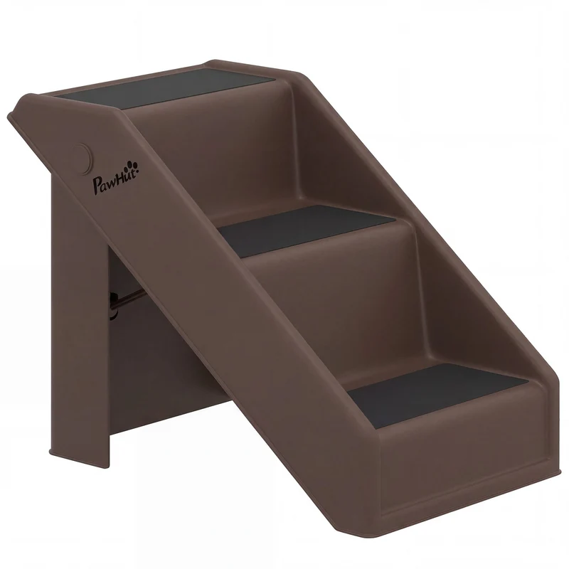 Schůdky pro domácí mazlíčky, 3 stupně, skládací, výška 36,5 cm, hnědé