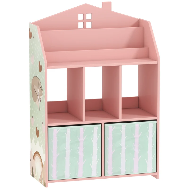 Dětská knihovna se 2 látkovými boxy, růžová, 91,5 cm