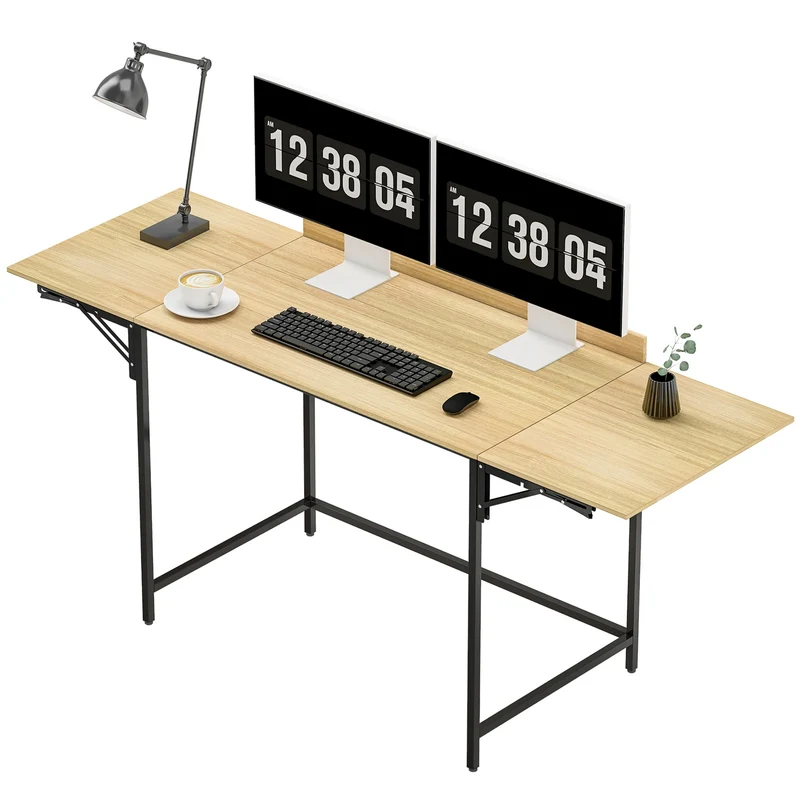 Skládací počítačový stůl se 2 výsuvnými deskami, dub/černý