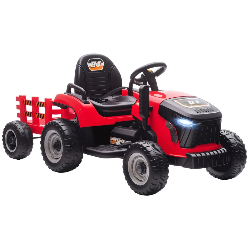 Dětský elektrický traktor 12V s dálkovým ovládáním, přívěs, červený