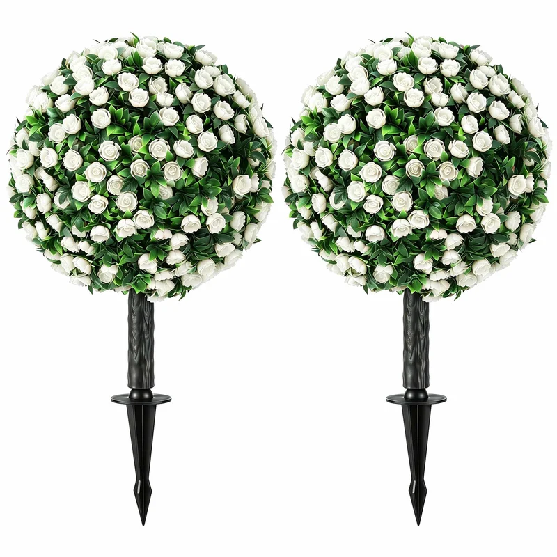 Umělé růžové koule, topiary tyče, 2 kusy, odolné proti UV záření, bílé