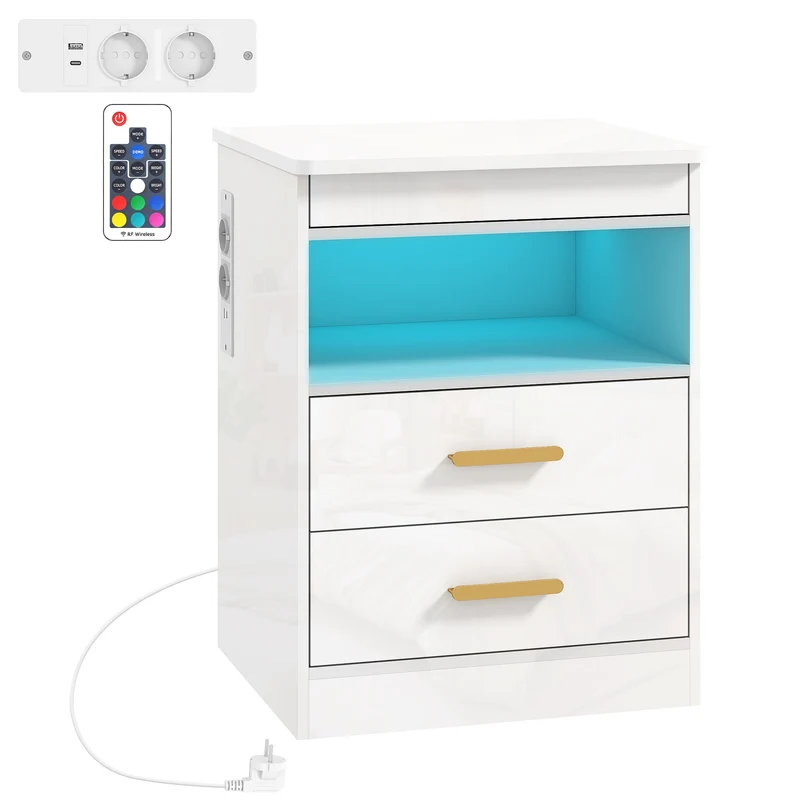 Noční stolek s nabíjecí stanicí, RGB LED, 2 zásuvky, vysoce lesklý bílý