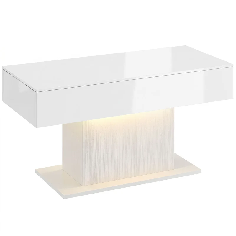 LED konferenční stolek, RGB, vysoce lesklý bílý, 2 zásuvky